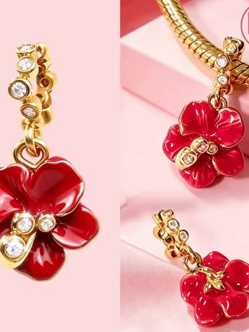 Gold-Tone Red Enamel Floral Charm Pendant
